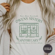 "\"Owens Sisters Verbena Apothecary\" Practical Magic Inspired Shirt  -Printed in green on the white and natural shirts :: GARMENT INFO :: - 100% Soft cotton (fibre content may vary for different colors) - The sleeves are rolled up for display purposes only :: SIZING :: - The Unisex sizing makes the shirt run larger than your average t-shirt (for women). We suggest ordering a size smaller than what you would normally wear. The shirts run true to size for men. - Please check out our size chart fo Jillian Owens Practical Magic, Practical Magic Gift Ideas, Practical Magic Shop, Practical Magic Color Palette, Practical Magic Costume Ideas, Practical Magic Witch Costume, Practical Magic Cake