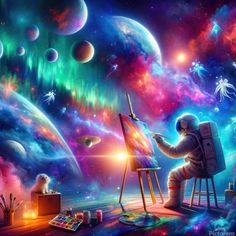 an astronaut is painting in the space with planets and other things on the ground around him