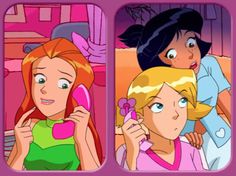 three cartoon girls are talking on their cell phones and one is holding a phone in her hand