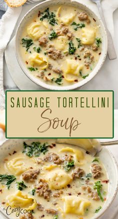 A collage of bowls of sausage tortellini soup. Sausage Kale And Tortellini Soup, Sausage And Tortellini Recipes Soup, Spicy Sausage And Tortellini Soup, Creamy Tortilini Soup, Tortellini Soup Ideas, The Cozy Cook Recipes Soup, Cozy Cook Soup Recipes, Sausage Tortellini Soup With Heavy Cream, Spinach Tortellini Soup Sausage