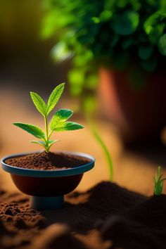 a small green plant is growing out of the dirt in a potted planter