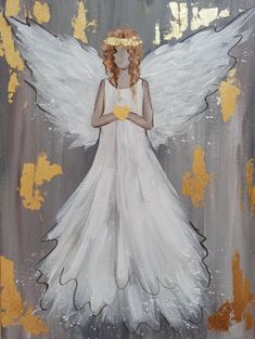 a painting of an angel with white wings and a halo on her head, standing in front of gold paint splatters