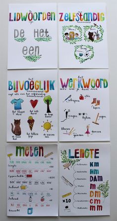 four children's posters with german words and pictures on them, all written in different languages