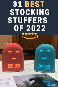 two alarm clocks with the words 25 best stocking stuffers of 2021 on them