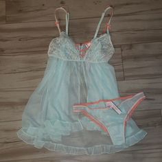 Super Cute Mint Green And Coral Lingerie Set From Victoria's Secret! Size Small Brand New, With Tags Victoria's Secret Lingerie, Victoria Secret Lingerie Sets, Pink Garter, Nighties Lingerie, Satin Camisole, Flannel Pajama Sets, Pink Lingerie, Victoria Secret Lingerie, Satin Pyjama Set