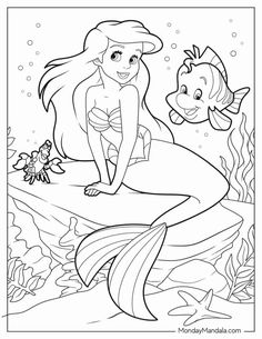 the little mermaid is sitting on top of an ocean floor and looking at another fish