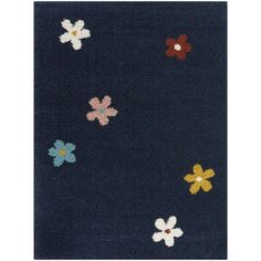 a blue rug with flowers on it