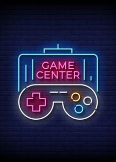 a neon sign that says game center with a video game controller