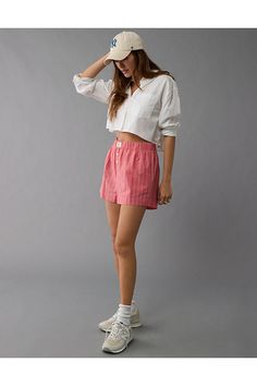 Elasticized waist with button fly/Striped pattern College Shorts Outfit, Boxer Shorts Outfit Aesthetic, Women’s Boxer Shorts, Boxer Short Outfits Women, Women’s Boxer Shorts Outfits, Pajama Shorts Outfit, Boxer Shorts Outfit Women, Boxer Outfit Female, Girl Boxer Shorts