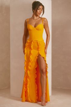 Corset Frill Skirt Maxi Dress in Tangerine | Oh Polly Tangerine Dress, Orange Prom Dresses, Romantic Maxi Dress, Orange Bridesmaid Dresses, Frill Skirt, Satin Corset, Shower Dresses, Skirt Maxi, Ruffles Fashion