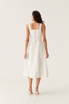 Denim Midi Dress, Dress A Line, Line Shopping, White Midi Dress, Metal Buttons, D Ring, Tie Belt, Full Skirt, Dress Fits