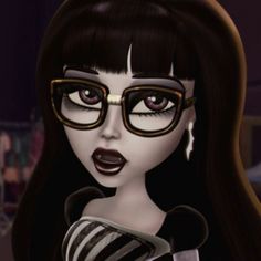 a cartoon girl with glasses on her face and long black hair, wearing a striped dress