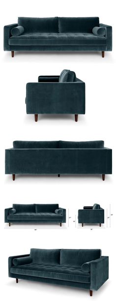 three different types of blue couches with arms and legs, all facing each other