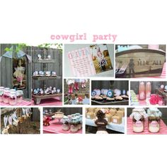 a collage of photos with pink and brown items on it, including jars, candles, cake, napkins and decorations