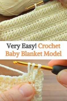 crochet baby blanket model with text overlay that says very easy crochet baby blanket model