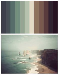 two different color palettes with the ocean and cliffs in the background