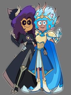 two cartoon characters standing next to each other in front of a gray background, one with purple hair and the other wearing blue