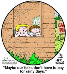 two children look out the window of a cabin in the rain, while another child looks on