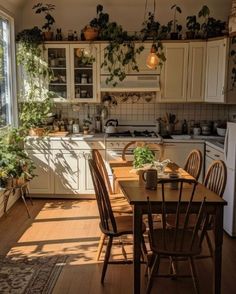 a kitchen filled with lots of wooden furniture and plants on the windows sills