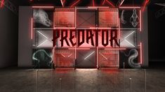 the word predator is displayed in front of an illuminated display case with red letters and neon lights