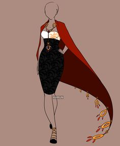 a drawing of a woman in a black dress and red cape with fish on it