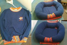 three pictures of a blue sweater with an orange and white stripe on the bottom, two images of a baby seat