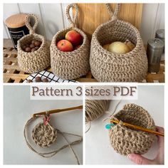 three pictures showing different baskets with apples and other items in them, one is crocheted