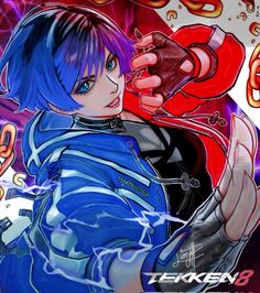 an anime character with blue hair holding something in her hand