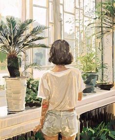 a painting of a woman standing in front of a window with potted plants on the windowsill