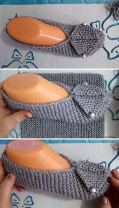 there is a pair of slippers made out of knitted material with buttons on the top and bottom