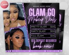 the flyer for glam go makeup party