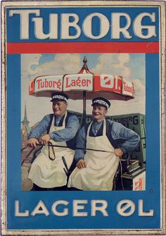 two men sitting under an umbrella advertising tuborog lager oll, germany