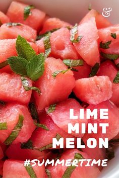 close up of cubed watermelon and strips of mint Watermelon Lime Salad, Watermelon With Lime, Watermelon Mint Salad Summer, Watermelon And Mint Salad, Watermelon Tajin Salad, Mint Watermelon Salad, Mexican Watermelon Salad, Watermelon Cucumber Mint Salad, Watermelon Salad Dressing