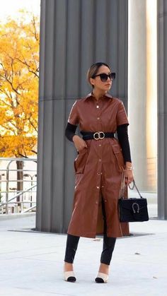 Brown Leather Dress Outfit, Leather Dress Outfit, Europe 2023, Leather Clothes, Street Style Fall Winter, Brown Leather Dress