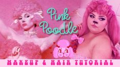 a woman with pink hair is posing in front of an image of two poodles