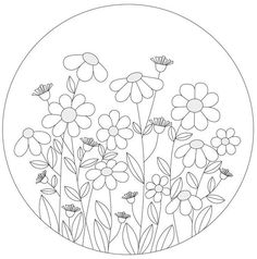 a drawing of flowers in a circle with black and white lines on the bottom half