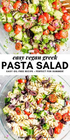 pasta salad in a glass bowl on top of a white table with text overlay that reads easy vegan greek pasta