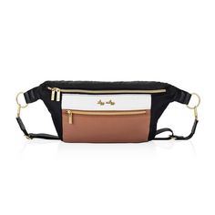 a black, white and tan fanny bag