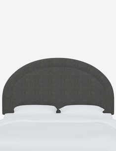 an upholstered headboard on a bed with white sheets and pillows, against a gray background