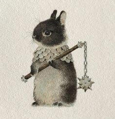 a drawing of a rabbit holding a star and a hammer in it's paws