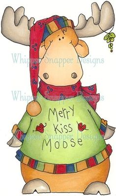 an image of a moose wearing a green dress and scarf with the words merry kiss moose on it