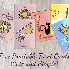 four cards with the words free printable tarot cards cute and simple