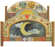 Gorgeous celestial four seasons themed bed design with patterned, quilted accents, headboard and footboard set Upcycling, Painted Bed Frames Ideas, Bed With Lights, Vintage Bed Frames, Painted Headboard, Painted Beds, Sticks Furniture, Whimsical Furniture, Des Moines Iowa