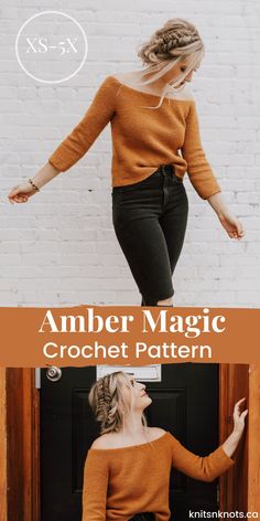 a woman jumping in the air with her arms outstretched and text overlay that reads, amber magic crochet pattern
