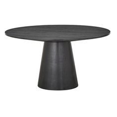 an image of a round dining table with black wood grained finish on the top