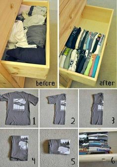 an organized drawer with clothes in it and instructions for how to put them inside the drawers