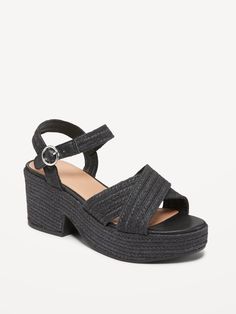 double cross-strap upper buckled ankle strap cushioned foot bed jute wedge heel Navy Espadrilles, Lily White, Foot Bed, White Lilies, Jack Black, Petite Outfits, Straight Pants, Cross Straps, Black Sandals