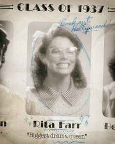 an old photo of three women with glasses and hair in front of the words, class of 1971