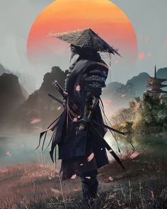 a man with two swords standing in front of the sun and mountains, looking at something