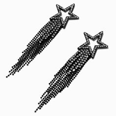 You're the star in these black star drop earrings. Embellished by faux crystals, these post-back star earrings have faux crystal-covered cup chain fringe. Finish: BlackDrop: 4 in. / 10.16 cm. Closure: Post backMaterial: Metal - Claire's Black Crystal Star Fringe 4" Drop Earrings Star Drop Earrings, Chain Fringe, Black Jewel, 70s Disco, Interior Decorator, Jeweled Earrings, Fashionable Jewelry, Crystal Stars, Black Fringe